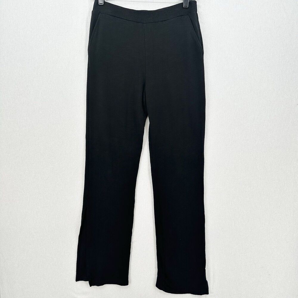 Monrow Pants Womens Small SuperSoft Straight Black Knit Pull On Split Hems Cozy